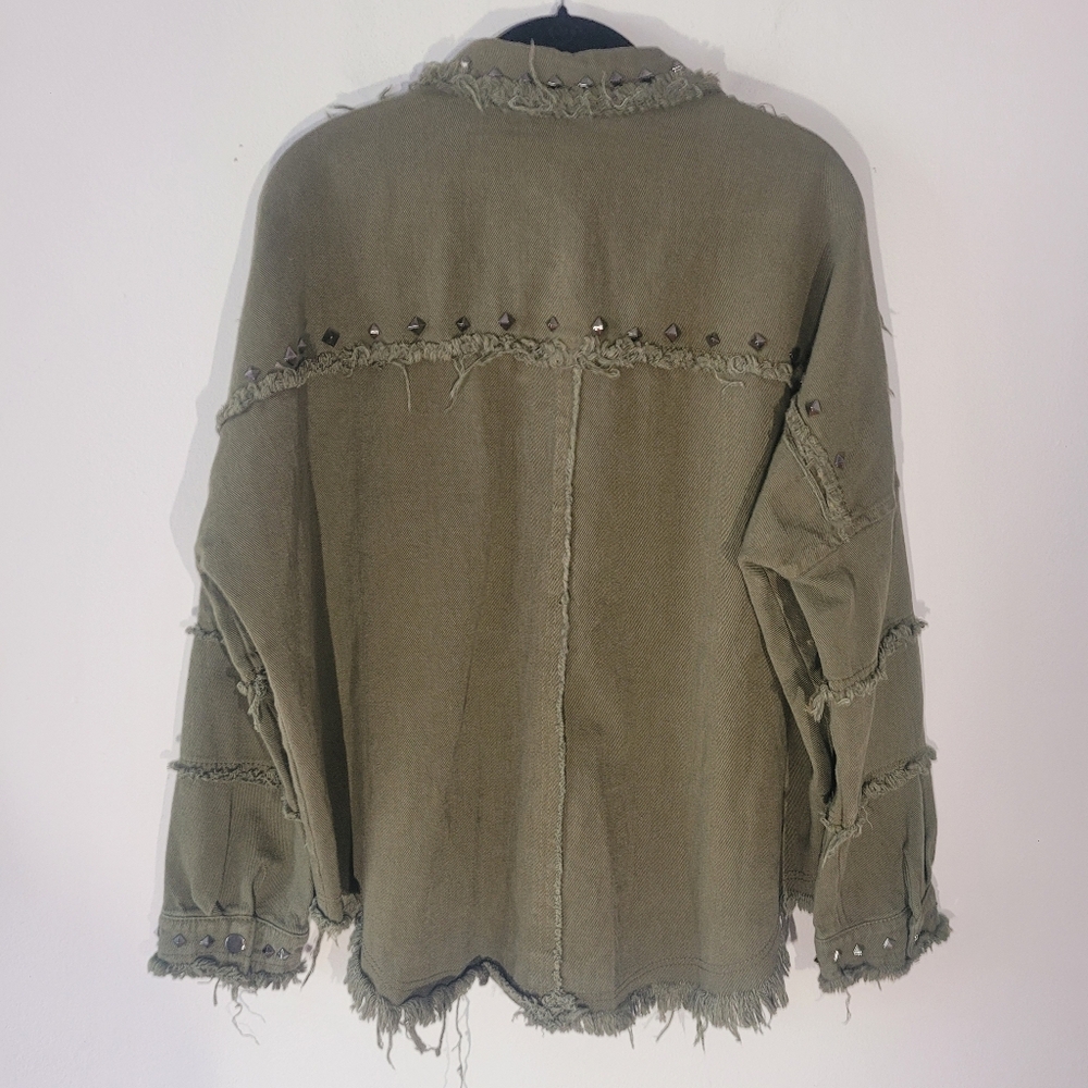 Blue B Collection Studded Army Green Jacket Midweight Cotton Military Distressed - Picture 8 of 11